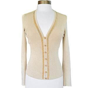 ESCADA Gold Metallic Cardigan Sweater with Embellished V-neck